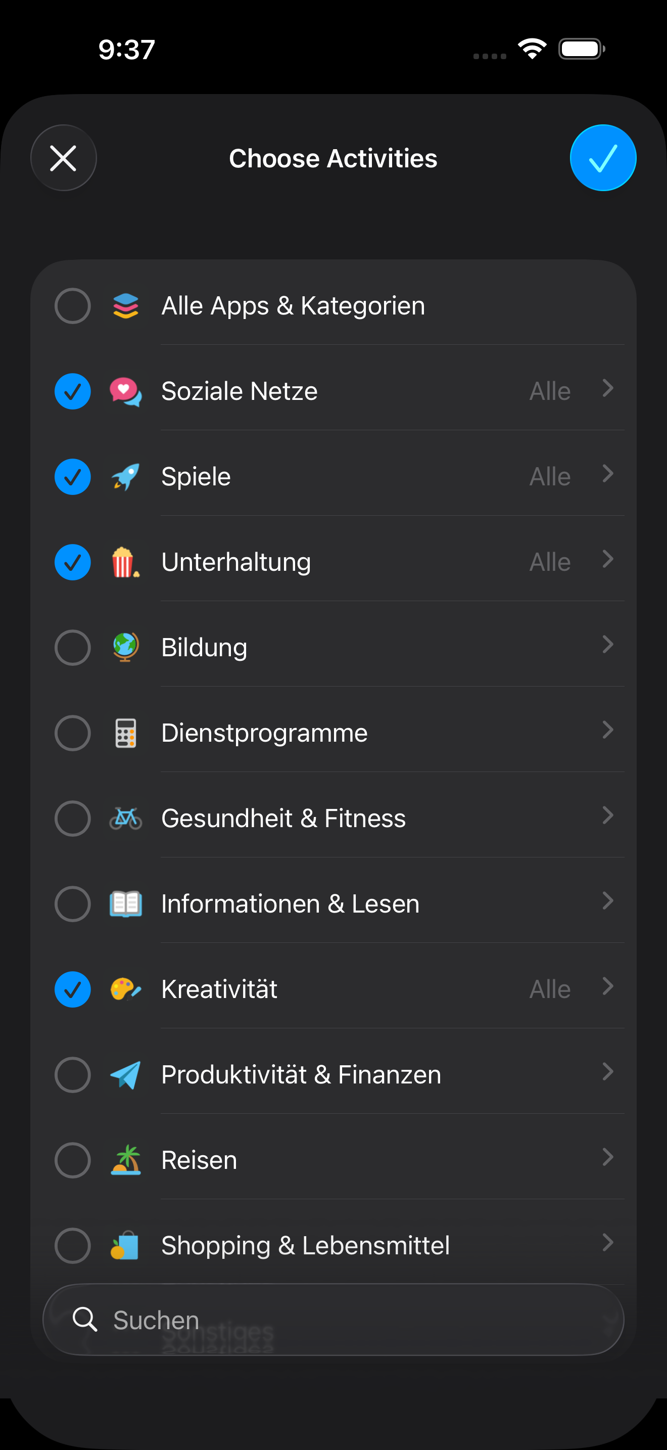 Auswahl zu blockierender Apps in Zone
