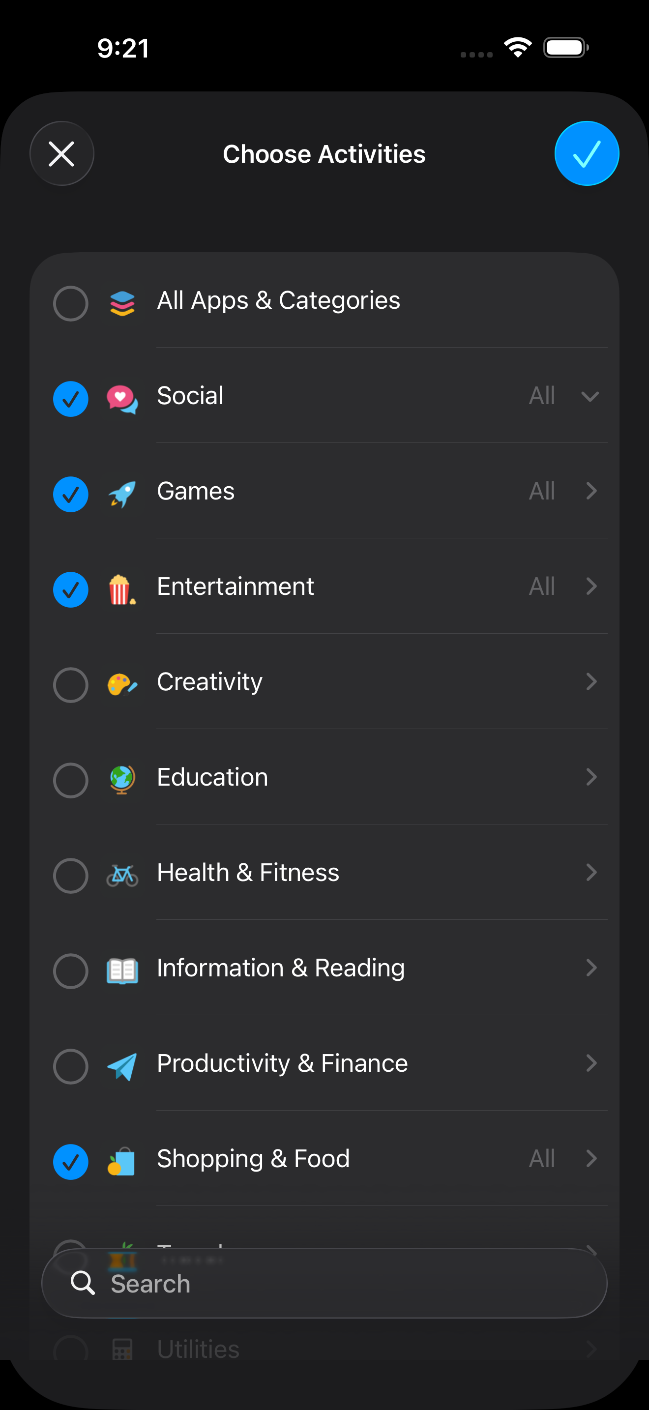 Selecting apps to block in Zone