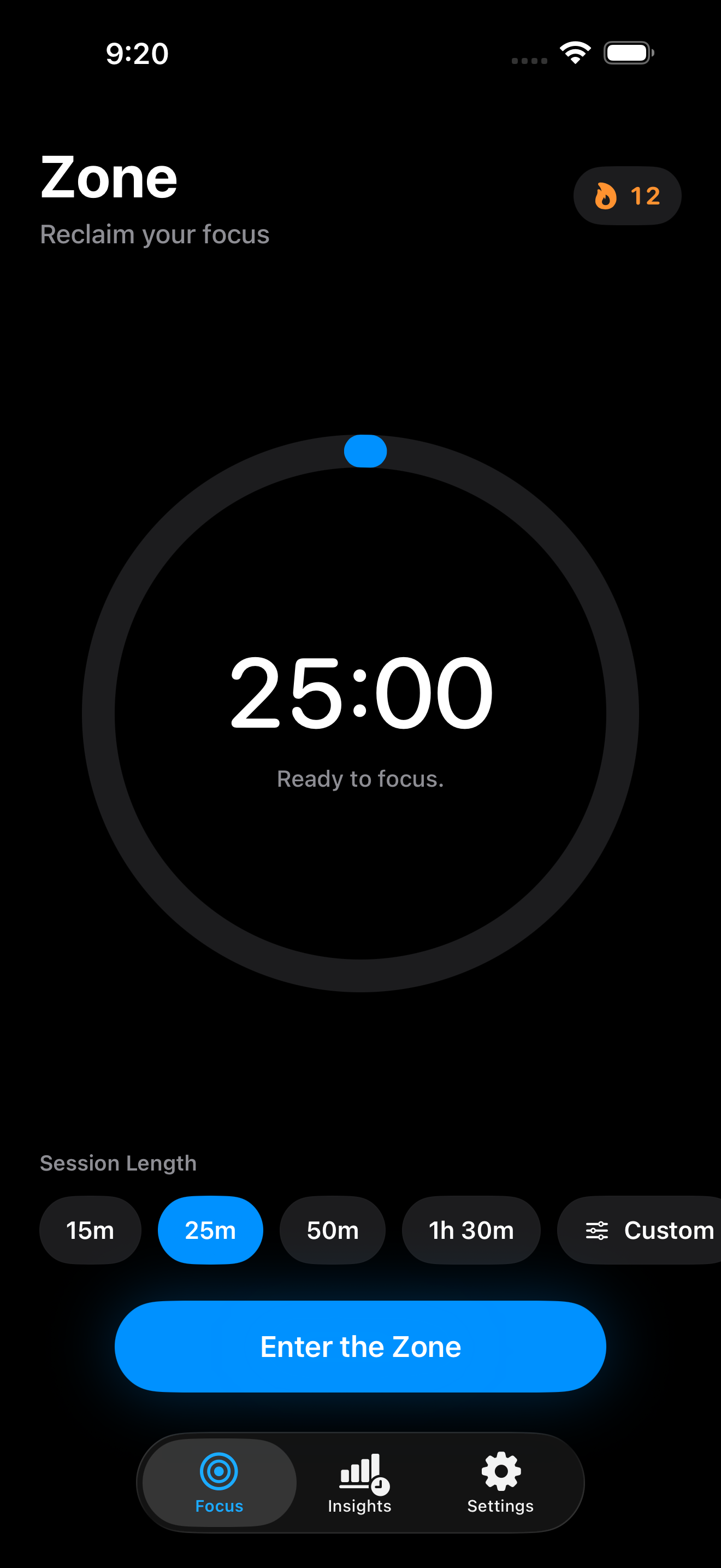Zone focus timer running on iPhone