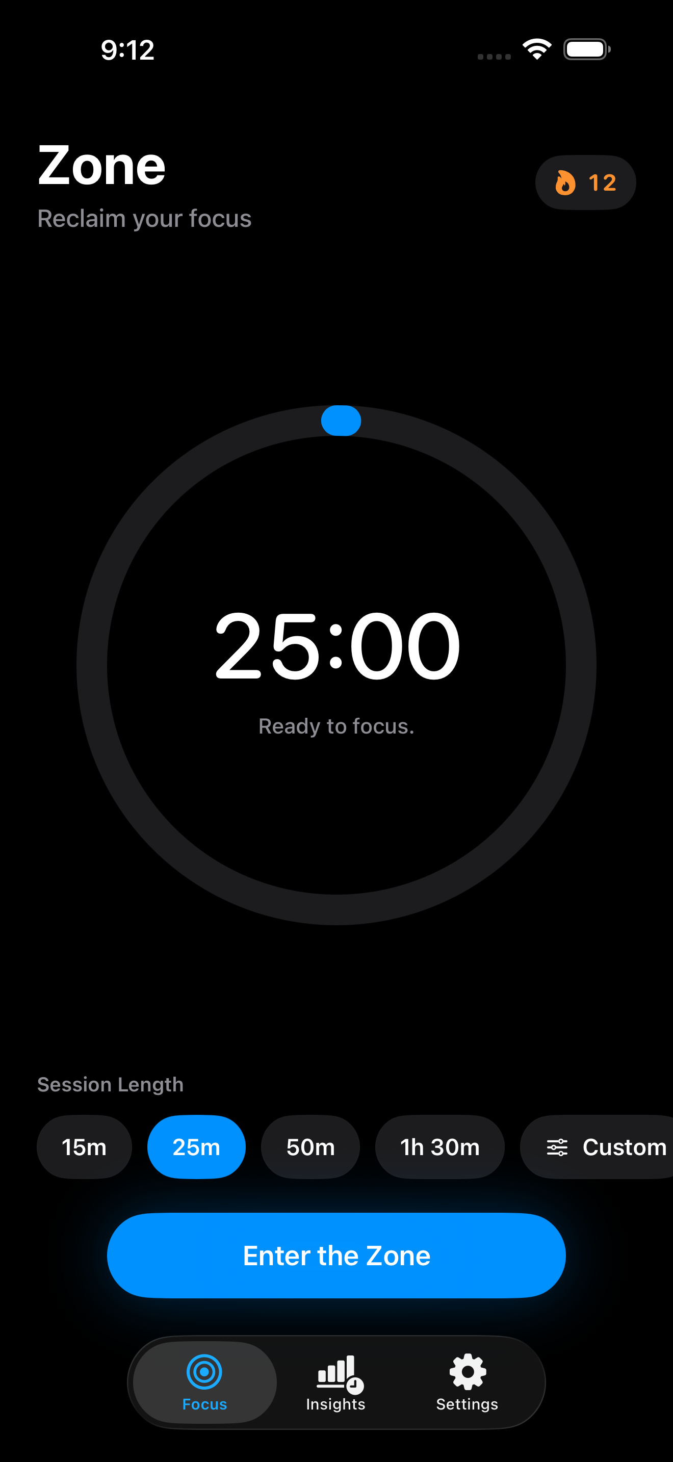 Zone focus timer running on iPhone