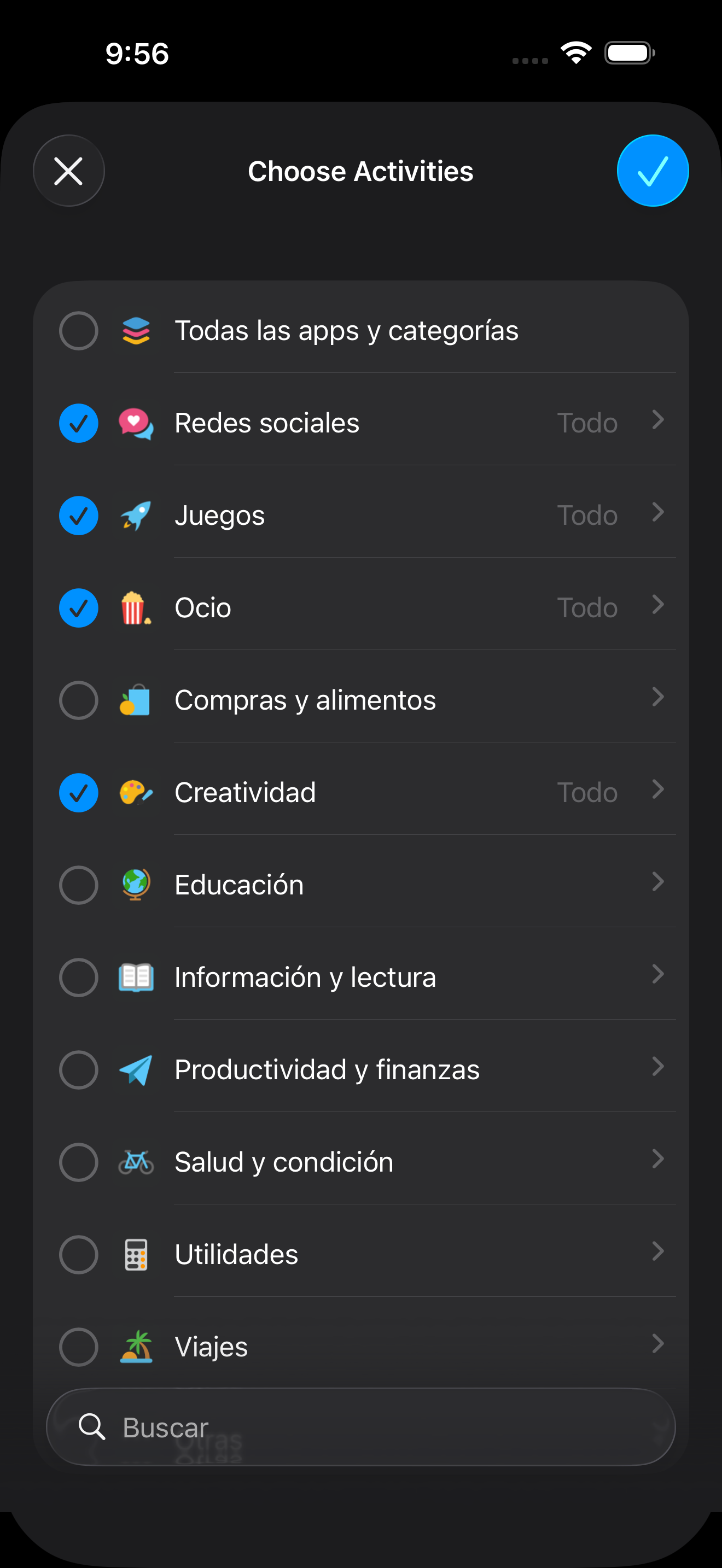 Selección de apps para bloquear en Zone