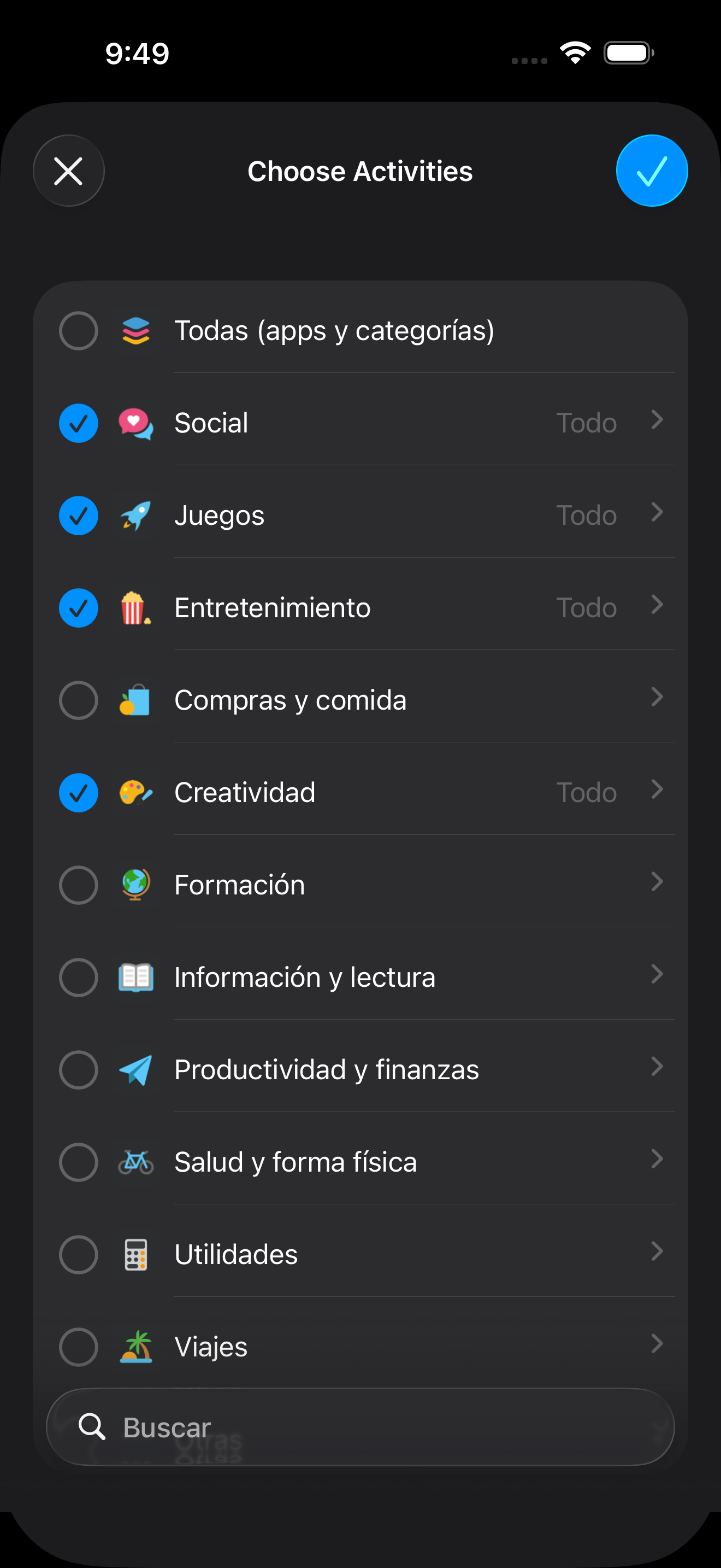 Selección de apps para bloquear en Zone