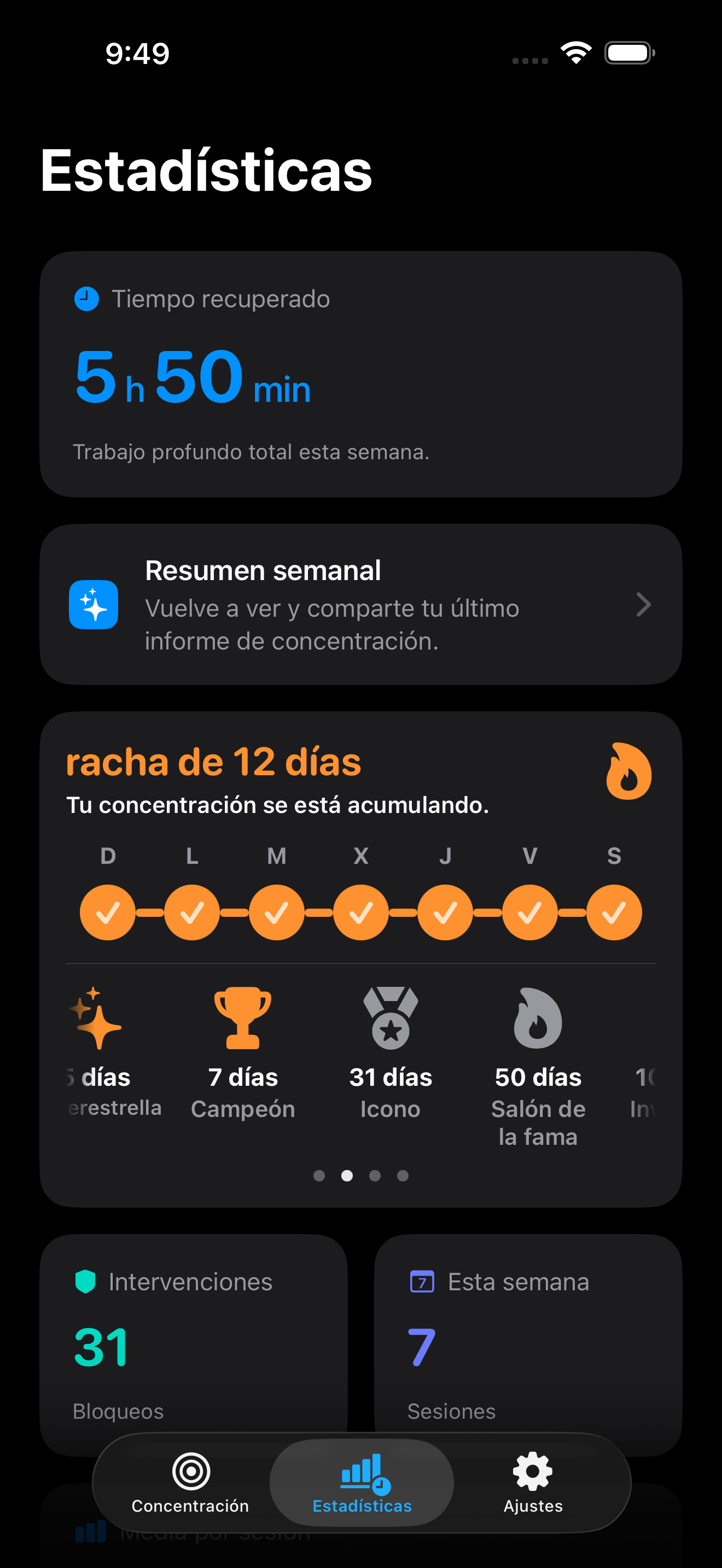 Estadísticas de sesiones de concentración en Zone