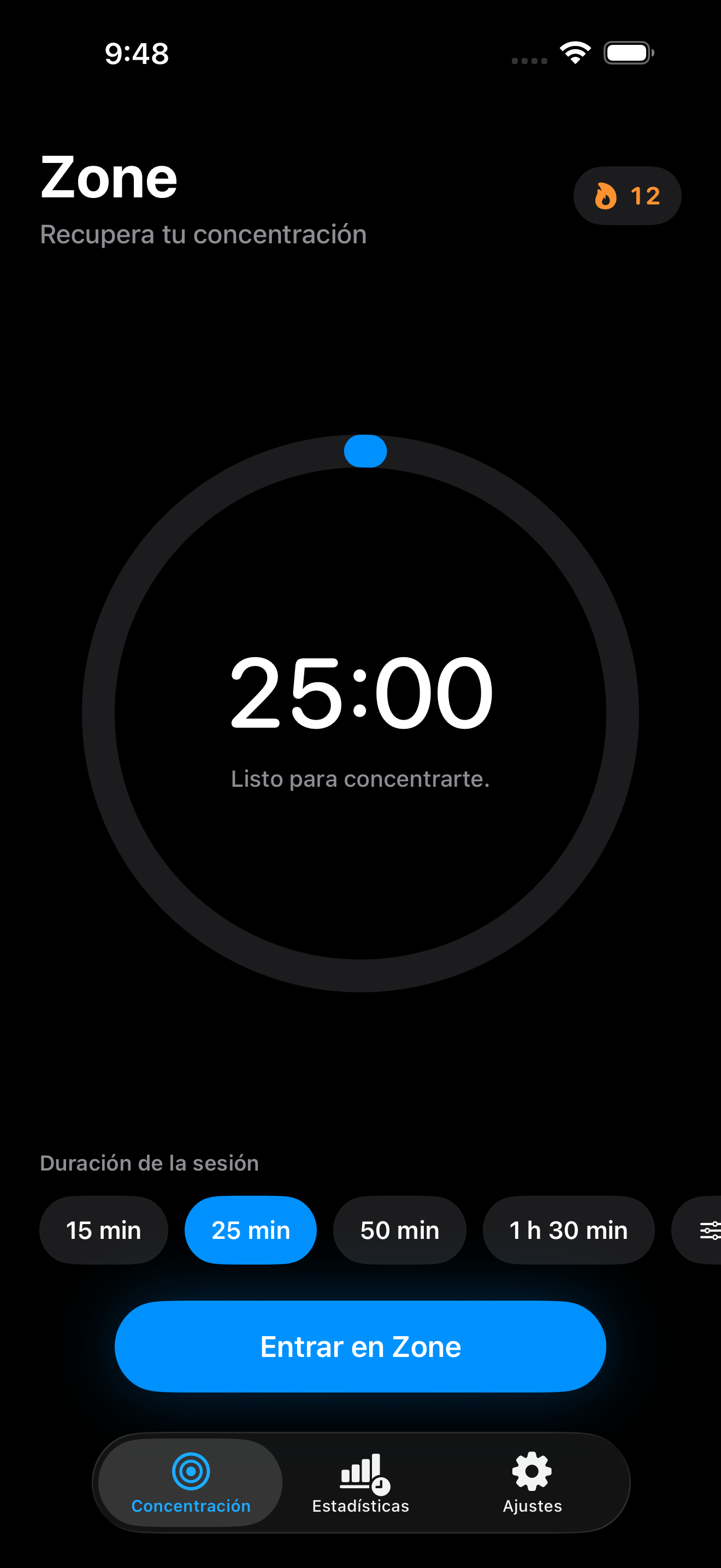 Temporizador de concentración de Zone en un iPhone