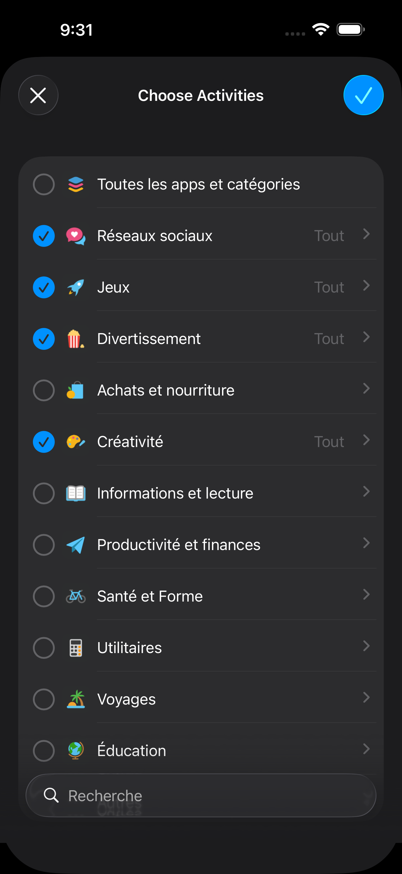 Sélection des apps à bloquer dans Zone