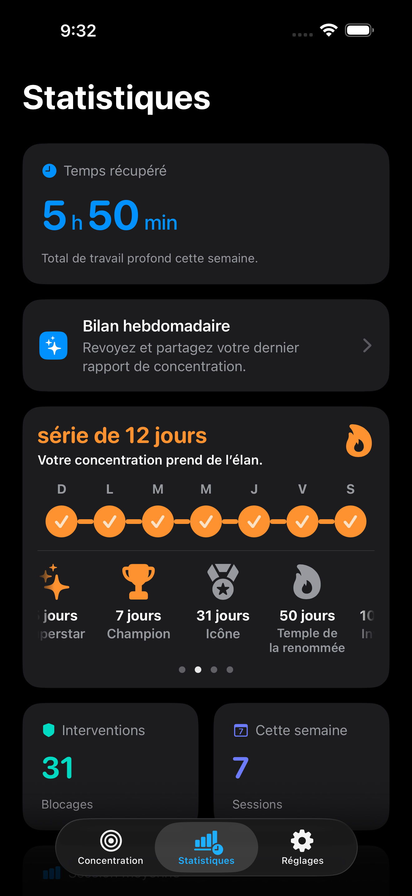 Insights des sessions de concentration dans Zone
