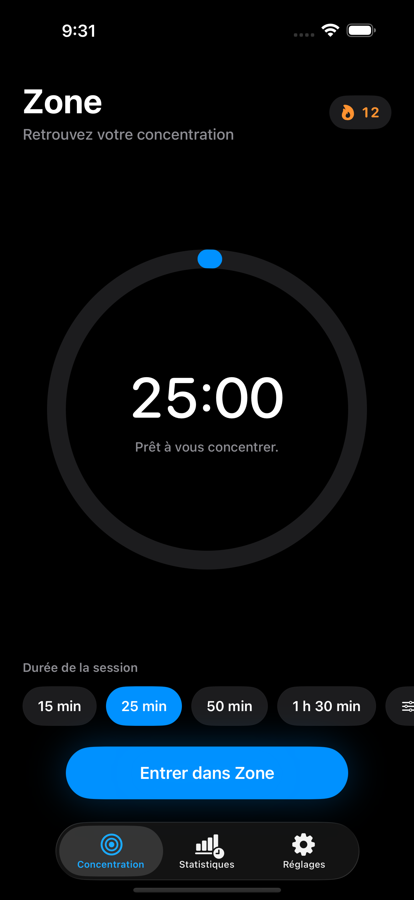 Minuteur de concentration Zone sur un iPhone