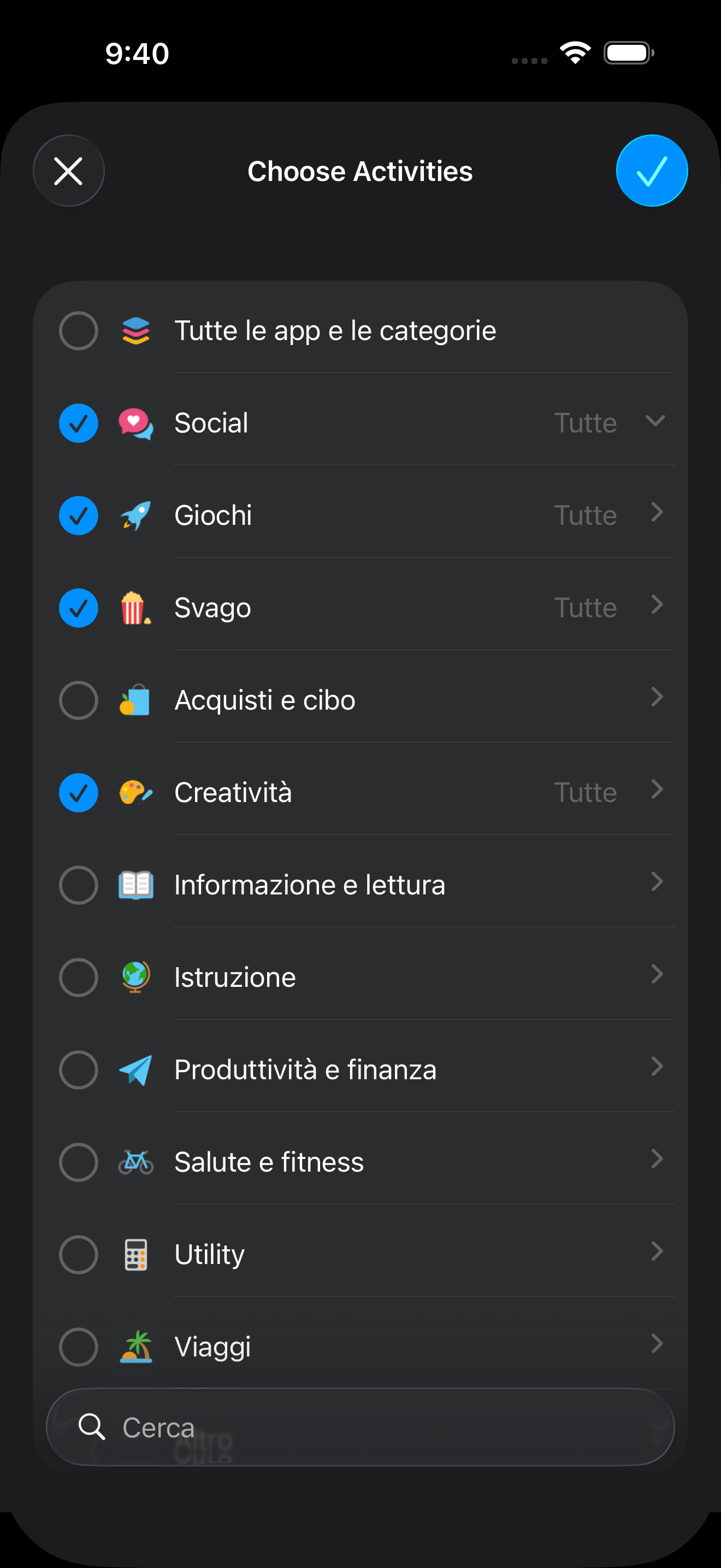Selezione delle app da bloccare in Zone