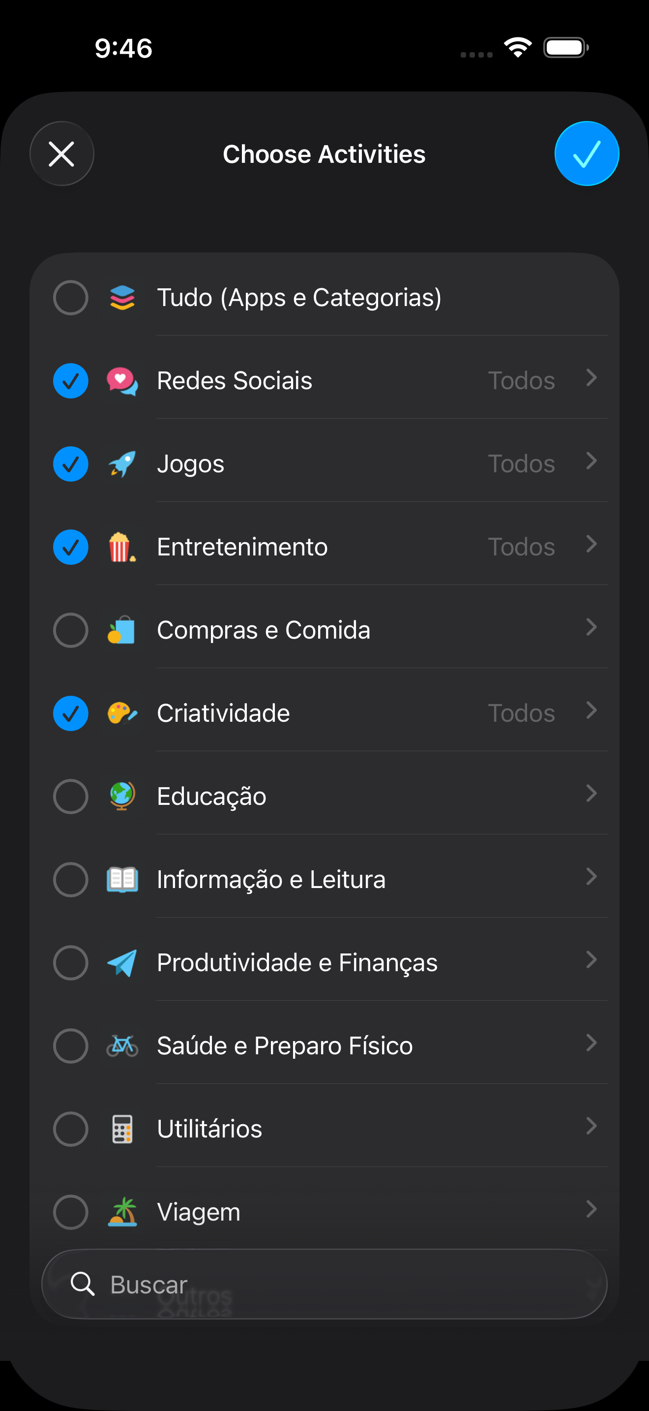 Seleção de apps para bloquear no Zone