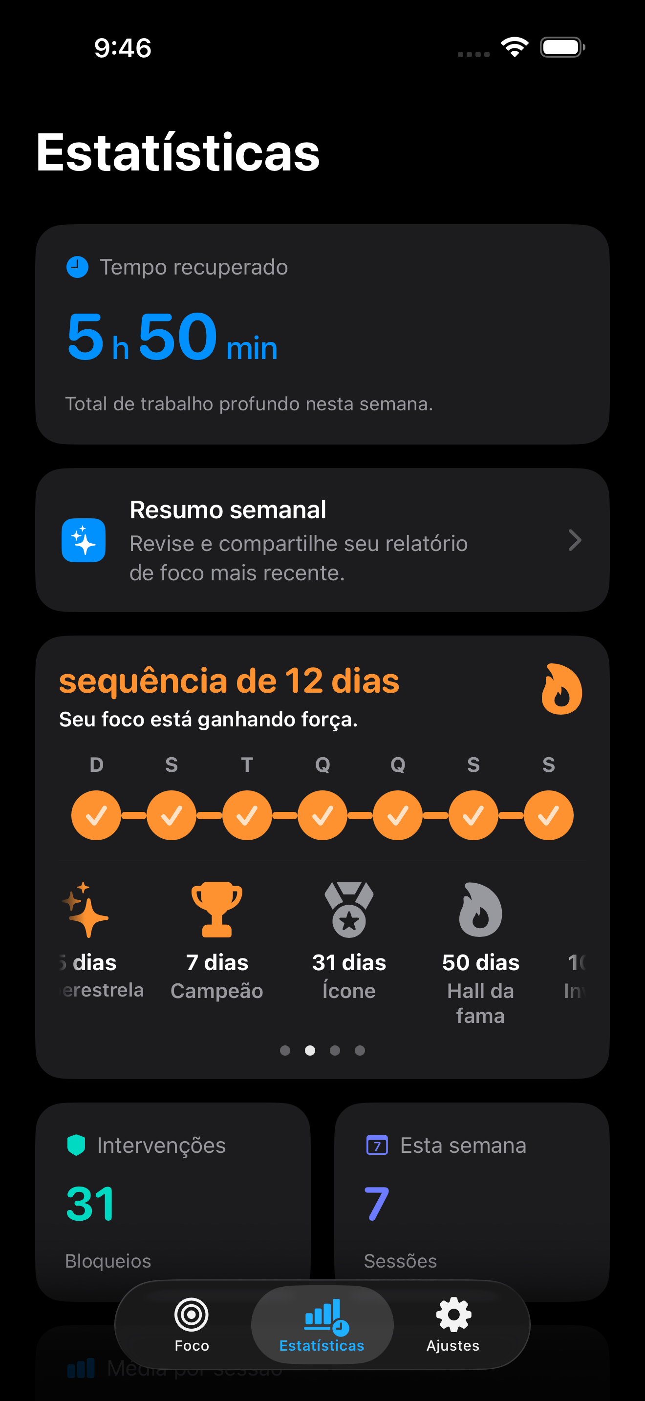 Insights de sessões de foco no Zone